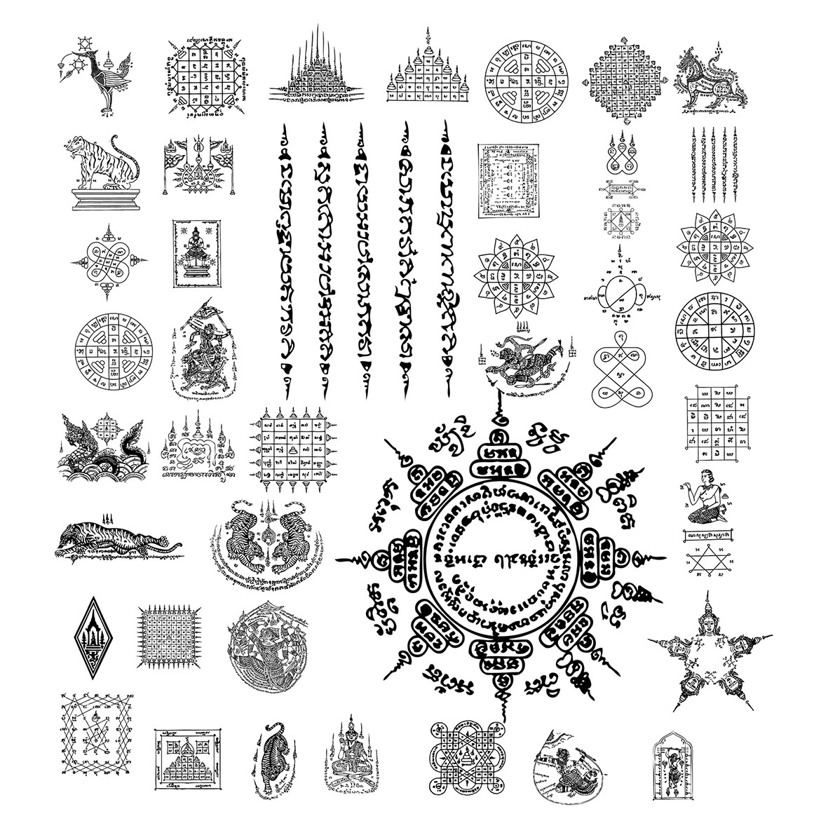 A reference sheet of traditional Sak Yant tattoo styles and yant designs