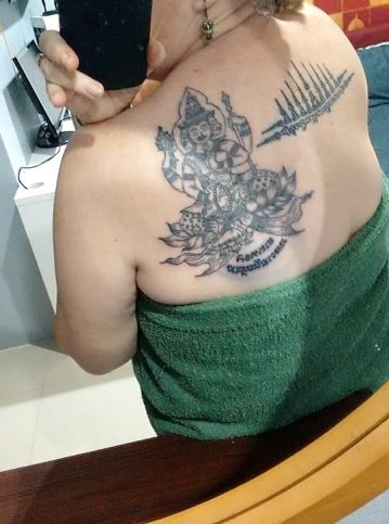 A finished sacred design from a real Sak Yant tattoo experience in a Thai temple